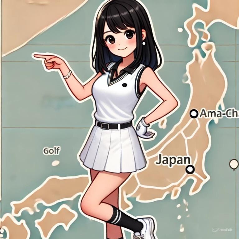 日本列島を背景にあまちゃんが人差し指でオススメのゴルフスクールを指し示すイメージ画像