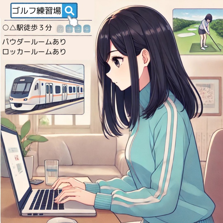 ゴルフ練習場をインターネットで探しているあまちゃんのイメージ画像