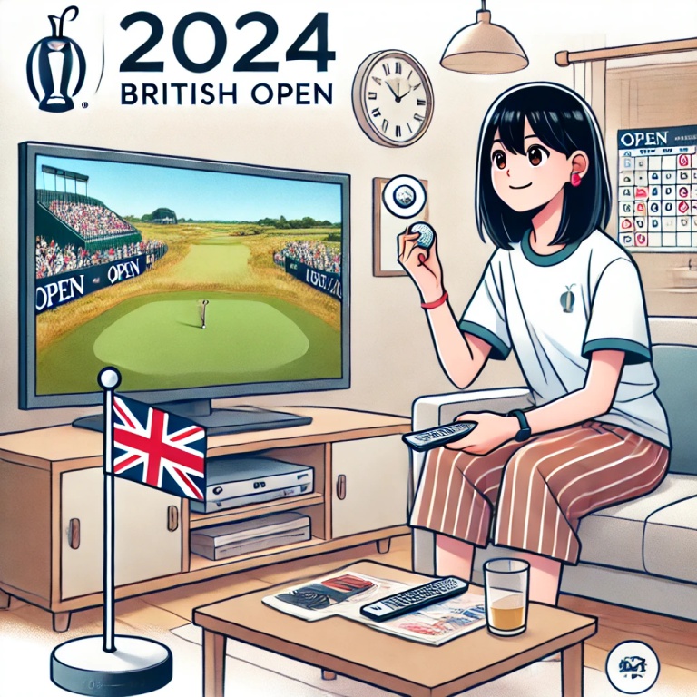 リビングルームで全英オープンゴルフ２０２４の配信を見ているあまちゃんのイメージ画像