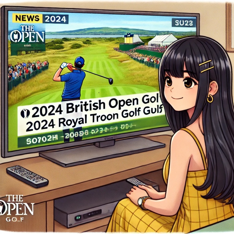 全英オープンゴルフ２０２４のニュースをリビングルームで見ているあまちゃんのイメージ画像